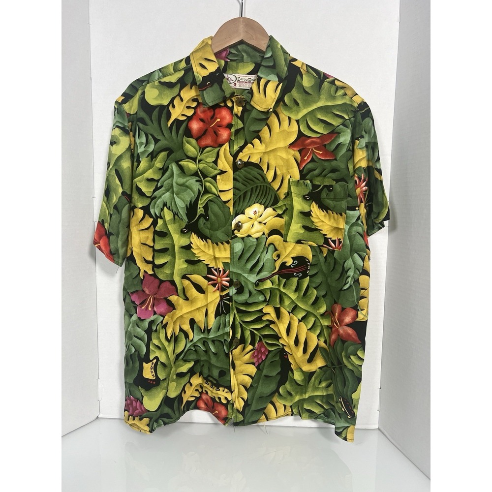 VTG Bayou Wear L Hawaiian Shirt New Orleans Jazz Fest Guitar Floral USA 122